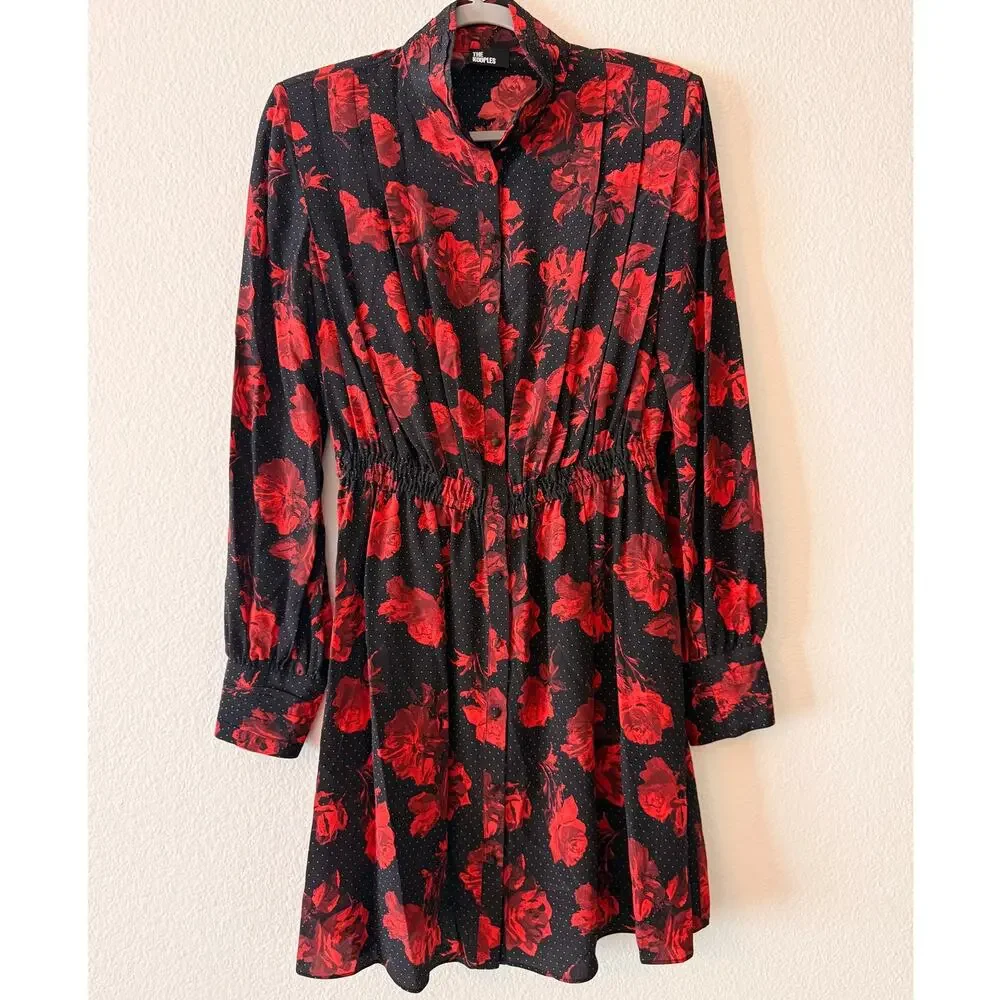The Kooples Silk Dress EU 38 US 6 Black Red Roses Polka Dot Chic Coquette Indie